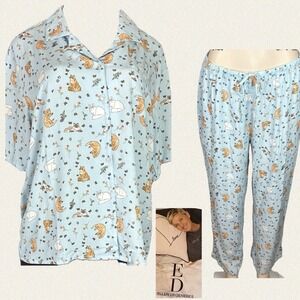 ED Ellen DeGeneres Womens Pajama Set Blue Cat & Flower Print Button Top Pants L